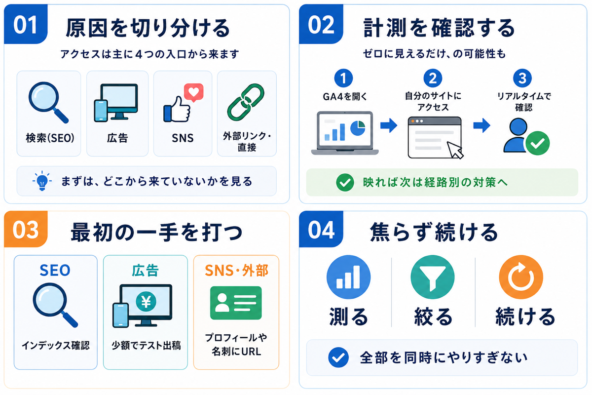 この記事の進め方:原因を切り分ける→計測を確認する→最初の一手を打つ→焦らず続ける