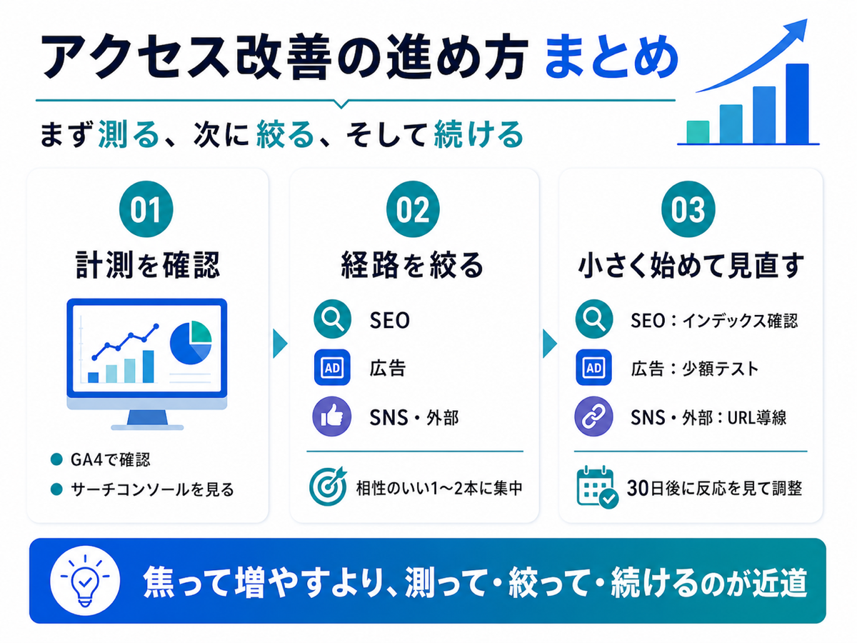 アクセス改善の進め方まとめ:まず測る、次に絞る、そして続ける(30日で反応を見て調整)